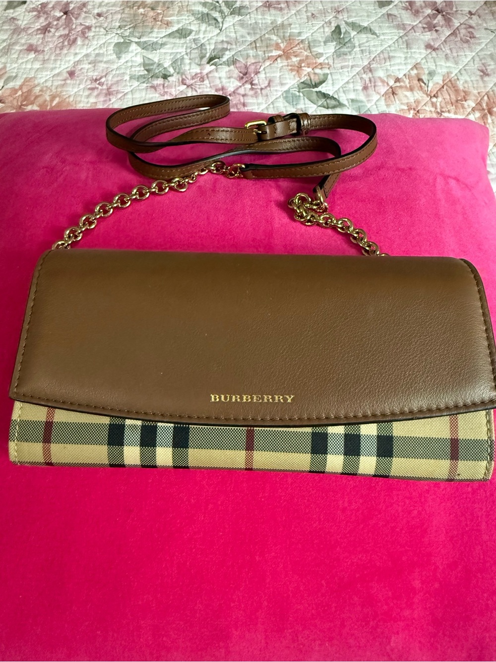 Burberry Brown Leather & Beige Check Crossbody Bag with Gold Chain
